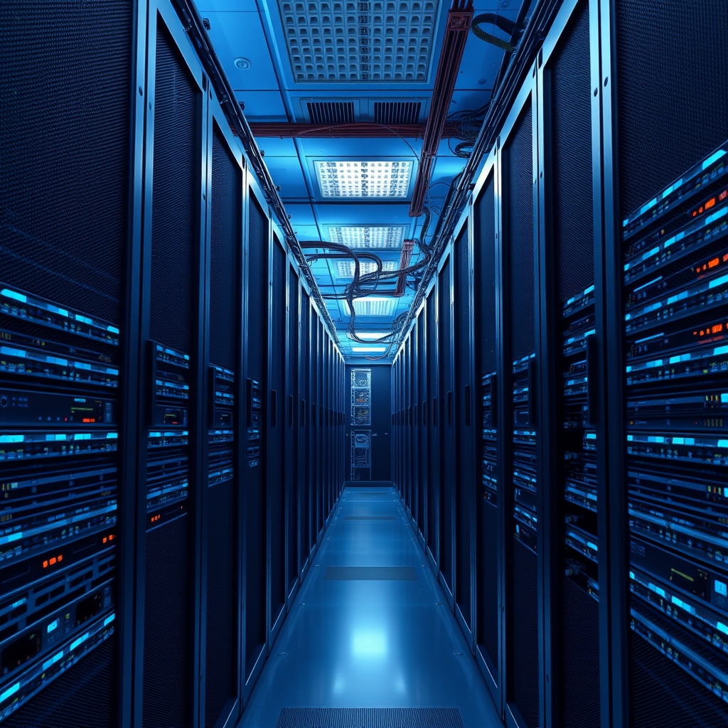 Centre informatique professionnel avec serveurs, stockage et équipements réseau.