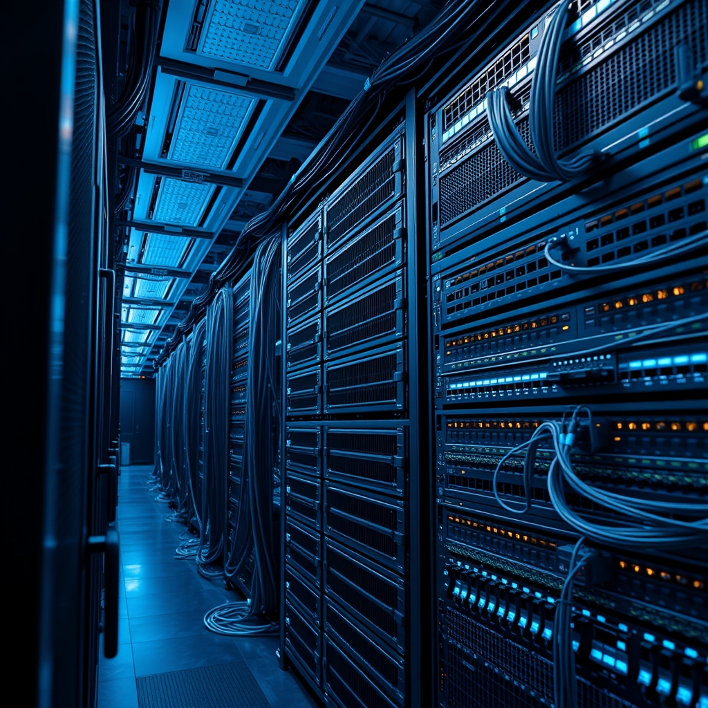 Infrastructure réseau d'entreprise avec équipements de sécurité et de connectivité.